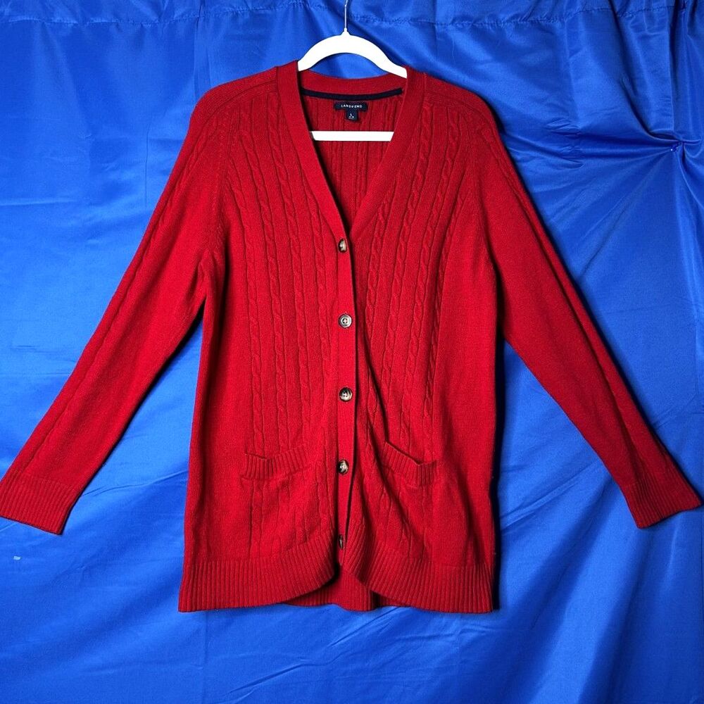 Lands End Womens Red Cable Knit Cardigan Sweater L Preppy Classic Academia Wool - Picture 11 of 12